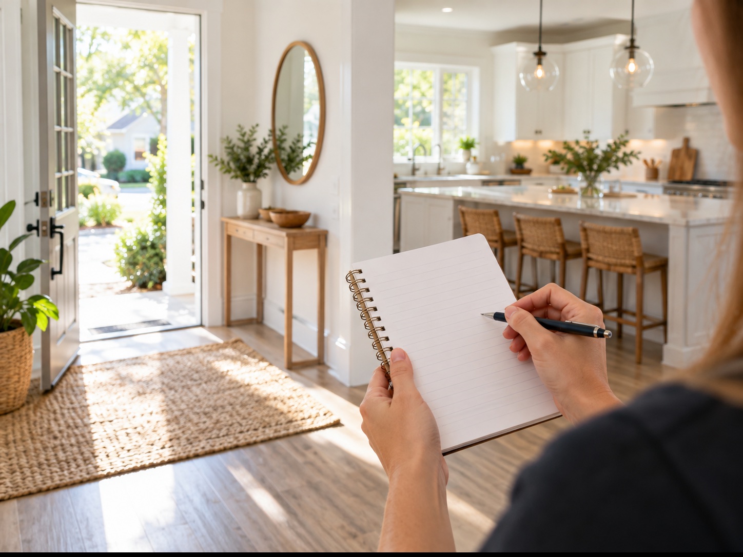 A hand reviewing a blank home cleaning checklist beside a bright entryway