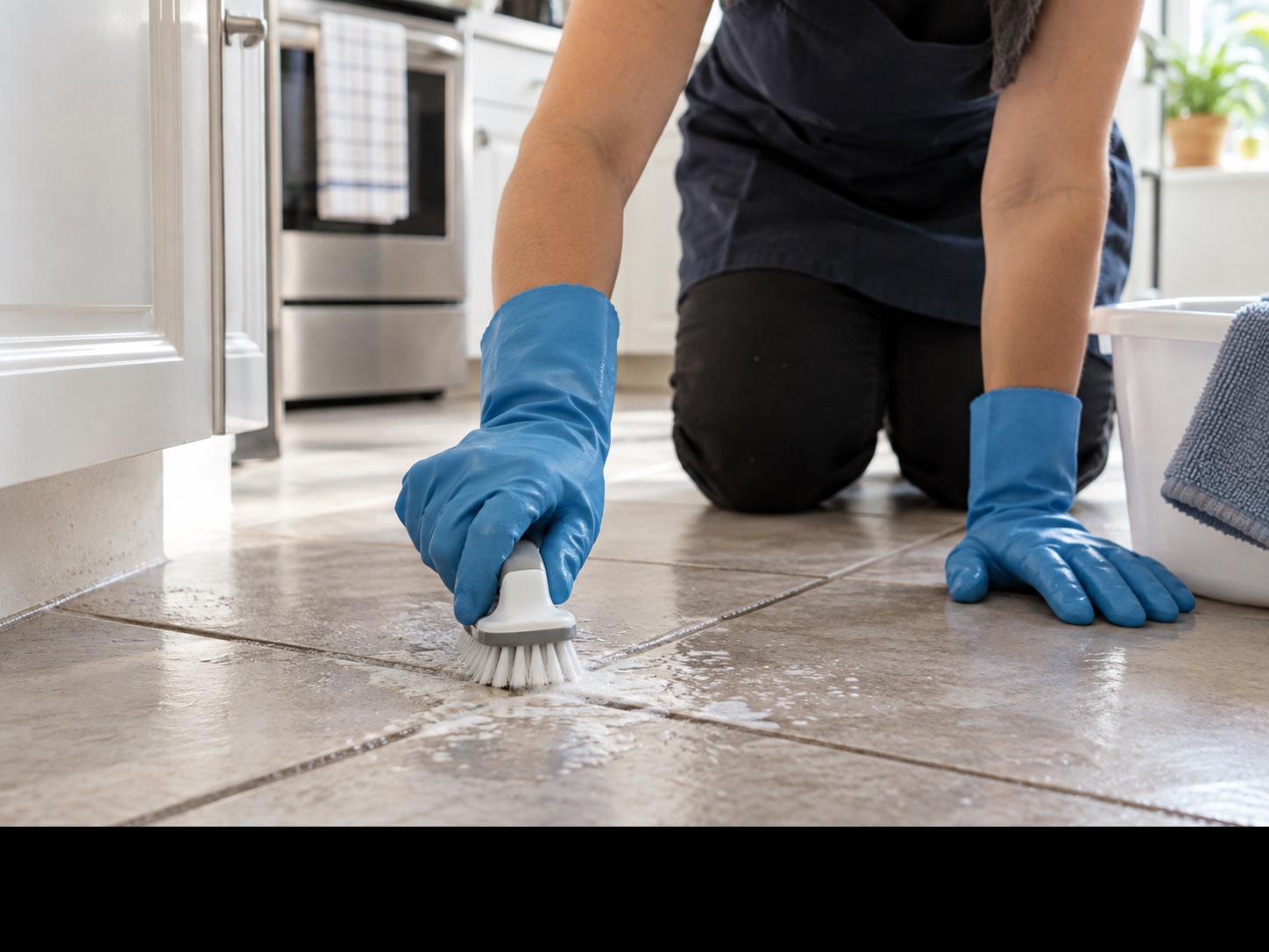 A cleaner scrubbing grout with a small brush