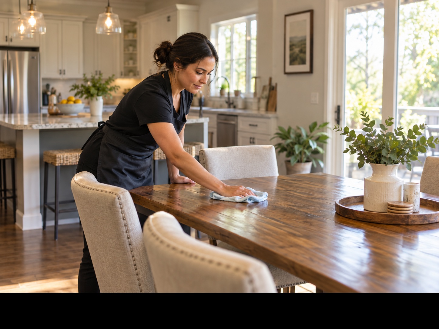 A cleaner wiping a dining table in a sunlit home