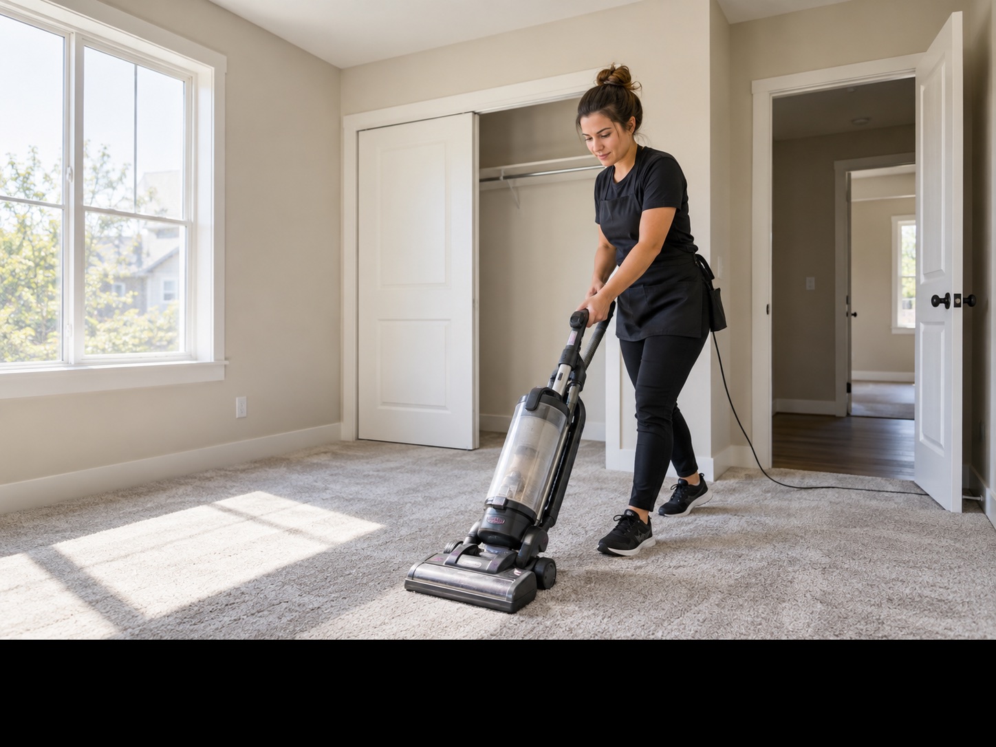 A cleaner vacuuming a rental home's bedroom